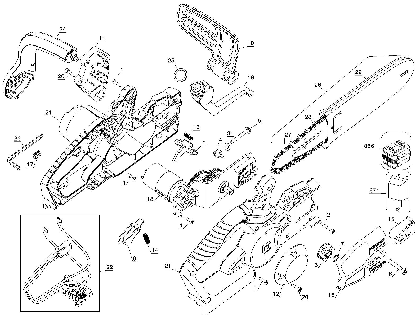 Default Diagram and Parts List for LCS120B Type 1 Black and Decker Chainsaw